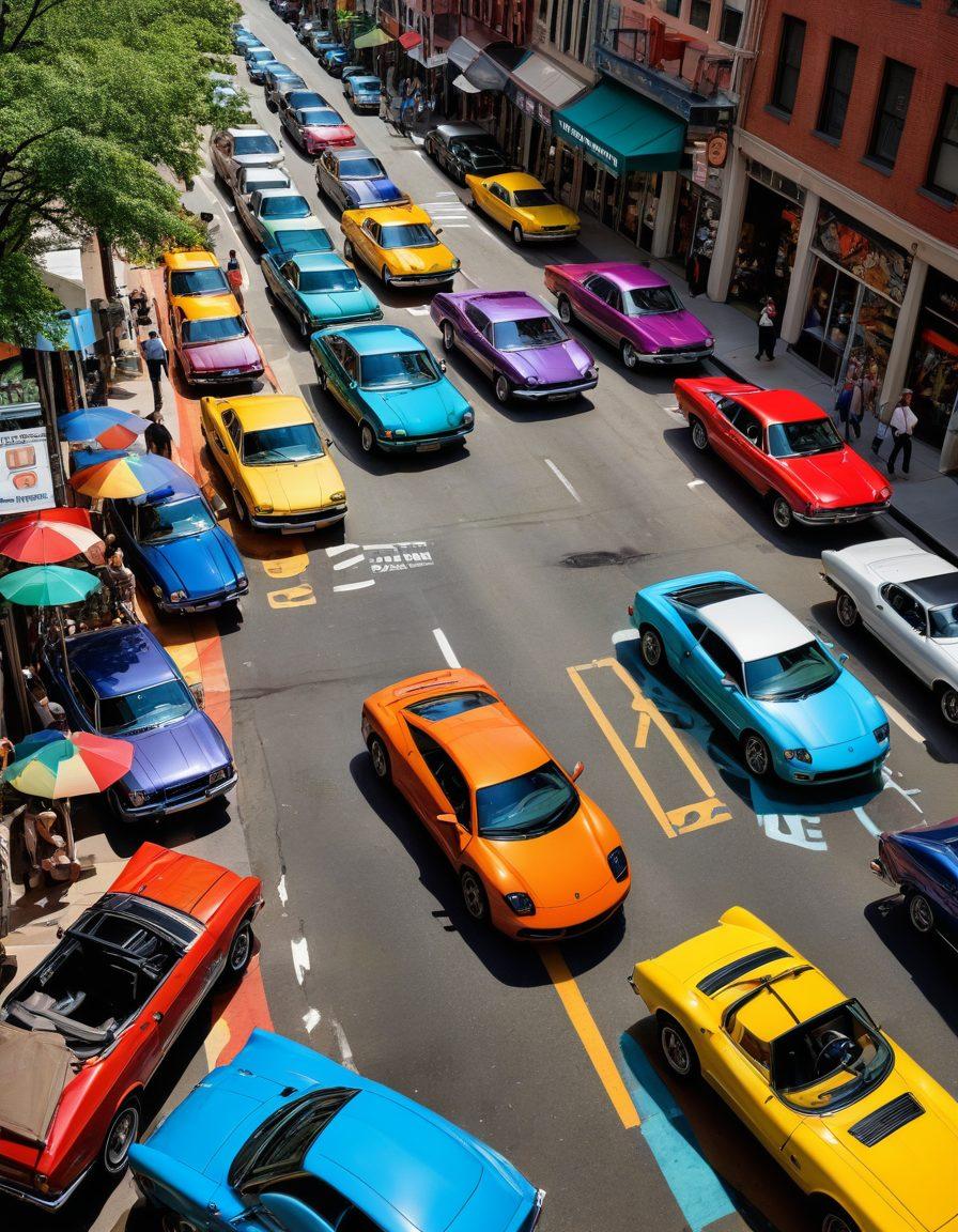 An adventurous individual exploring a vibrant, bustling city with hidden discount signs popping up around. The scene showcases a diverse range of vehicles from classic cars to modern electric cars, with price tags displaying slashed rates. In the background, a colorful map highlights the best areas for auto coverage savings, surrounded by friendly locals sharing tips. The atmosphere is lively and enticing, inviting viewers to discover treasures. super-realistic. vibrant colors. dynamic composition.