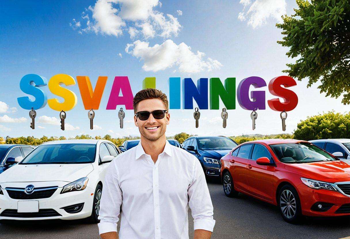 A savvy driver standing confidently beside a collection of affordable cars, holding an oversized key with 'Savings' written on it. In the background, a vibrant checklist highlighting tips for budget car insurance appears on a shiny road. Include a sunny sky to convey optimism and opportunity. super-realistic. vibrant colors. white background.